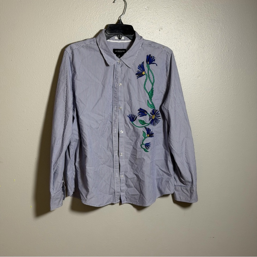 Liz Claiborne Career Womens Button Down Shirt Blue Striped Floral Embroidered XL